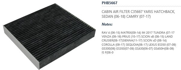 FILTRO CABINA AVALON 13/18,CAMRY 12/17, CT200H 11/17,HIGHLANDER 08/19, iM 16/16,LEGACY 10/19, MATRIX 09/13, OUTBACK 10/19, RAV4 06/18, TUNDRA 14/21, VENZA 09/17, VIBE 09/10, XB 08/15, XD 08/14, YARIS 07/15